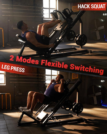 Person using a leg press machine with promotional text about modes and switching.
