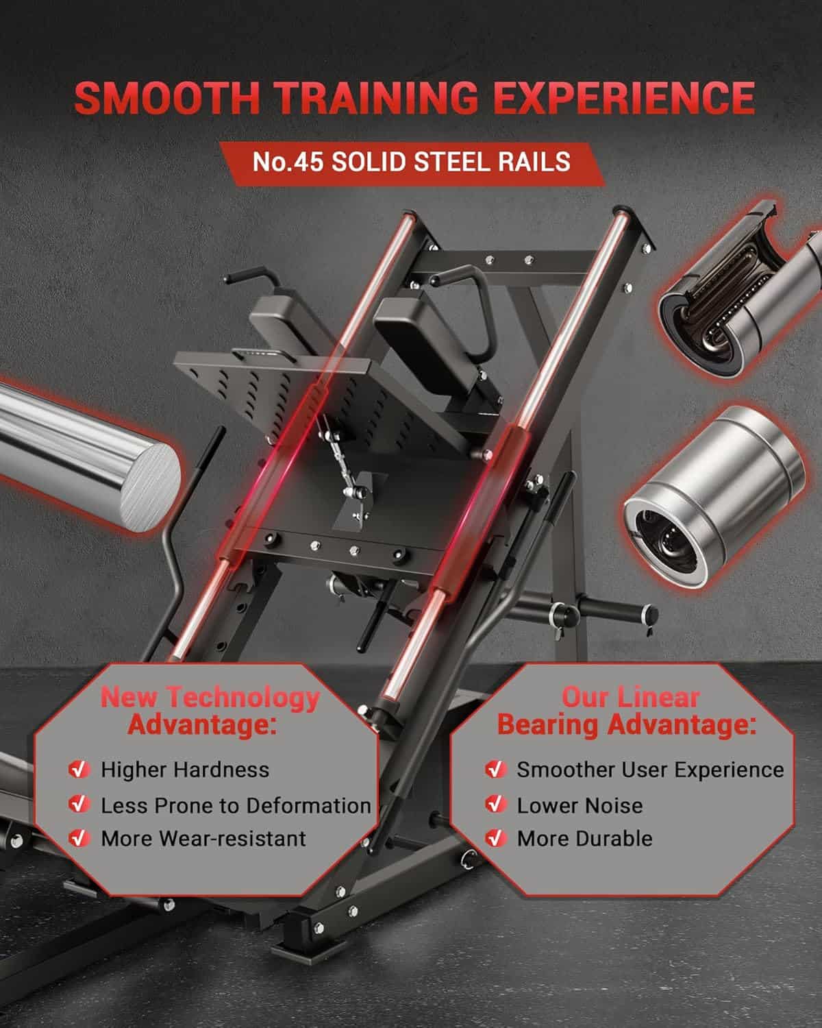 Fitness equipment with solid steel rails and text highlighting features on a dark background