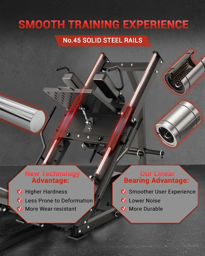 Fitness equipment with solid steel rails and text highlighting features on a dark background