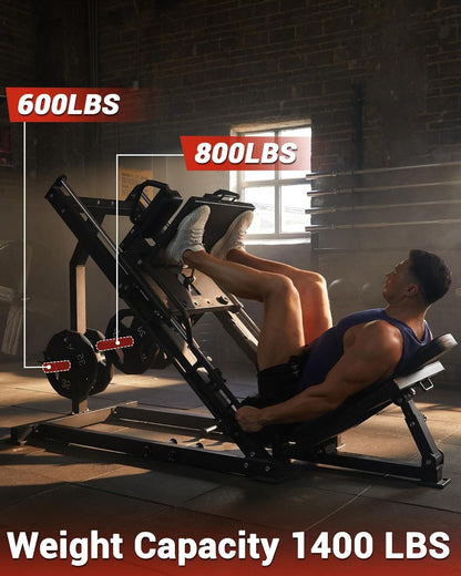 Person using a leg press machine with weight capacity text displayed