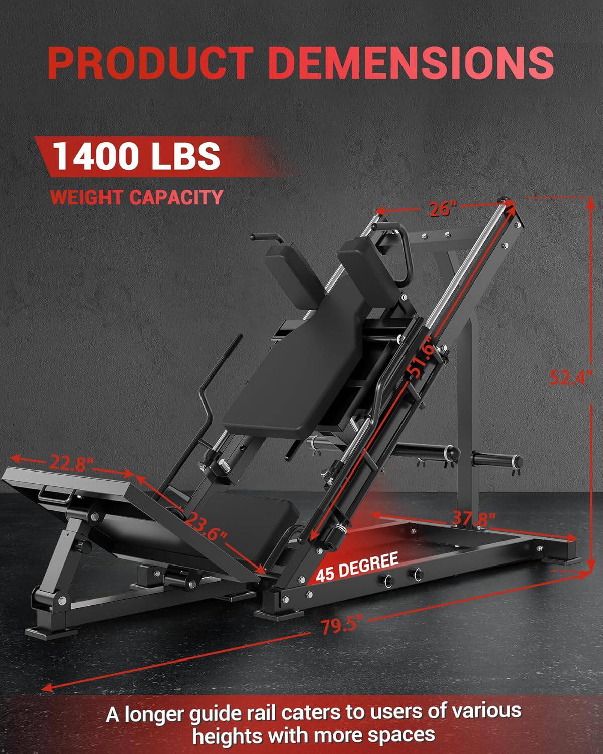 Gym leg press machine with dimensions and weight capacity on a dark background