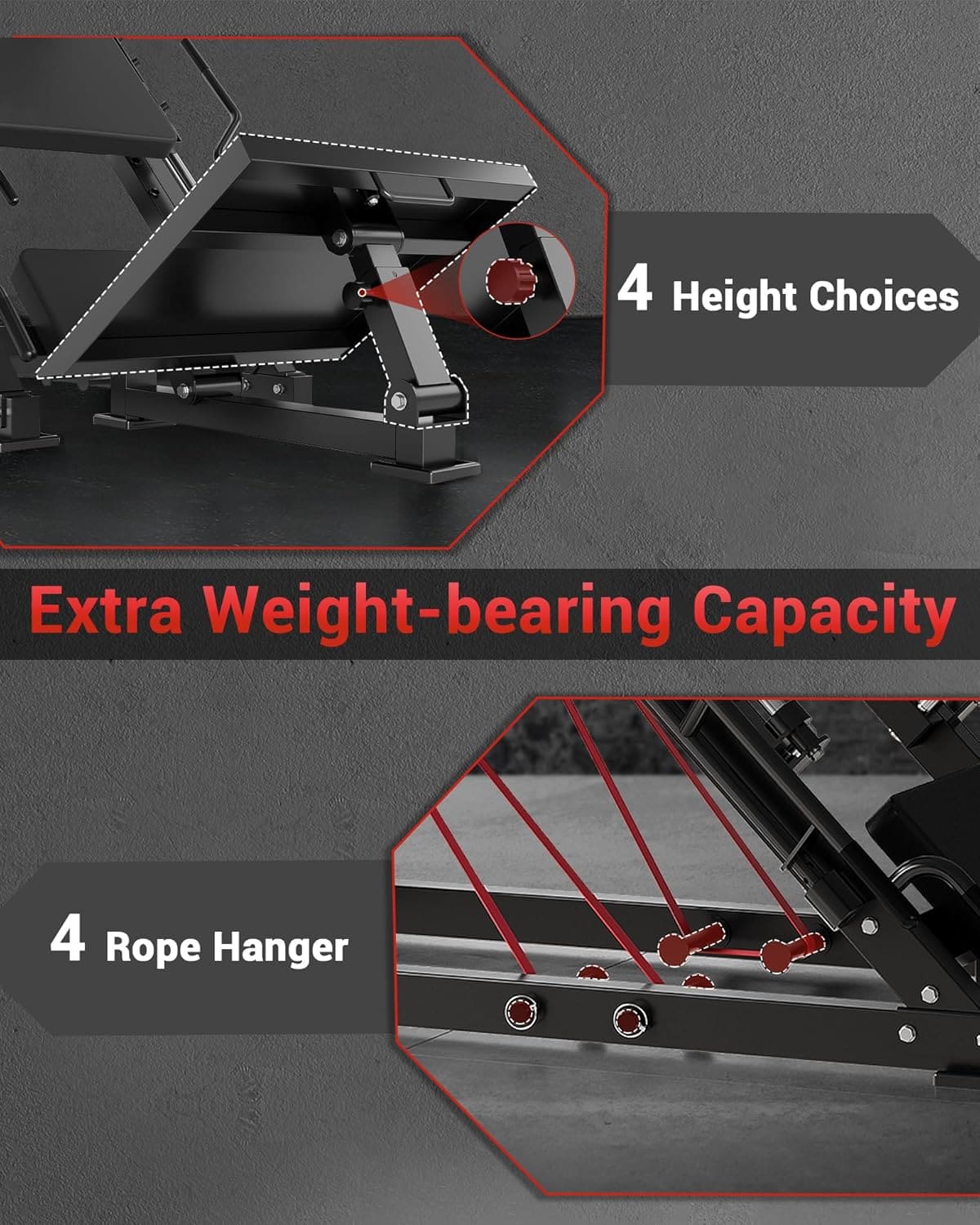 Product with height choices, weight-bearing capacity, and rope hanger features on a gray background.