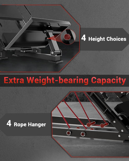 Product with height choices, weight-bearing capacity, and rope hanger features on a gray background.