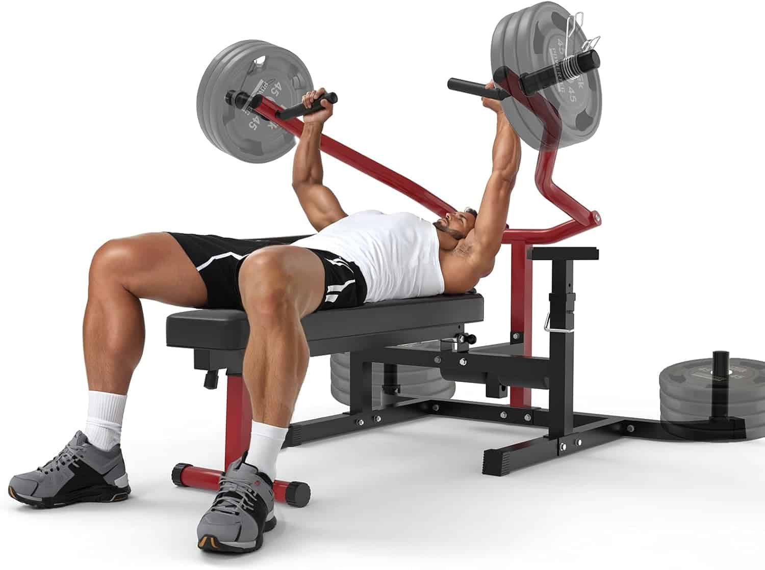 Person performing a bench press with weights on a white background