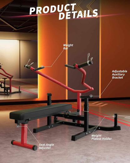 Gym bench with weight bar and adjustable components labeled in a gym setting.