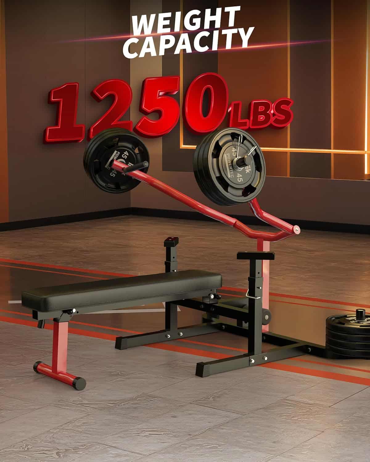 Weight bench with weight capacity display in a gym setting