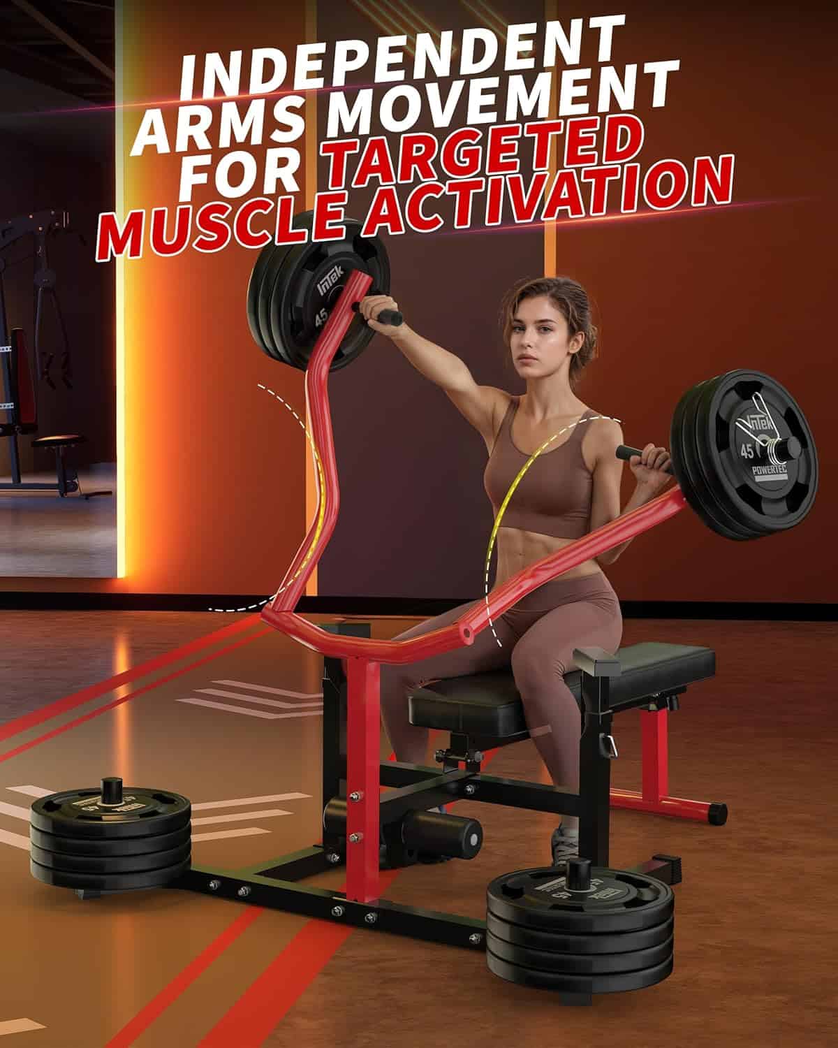 Woman exercising with a weight machine in a gym setting, with text about independent arms movement.