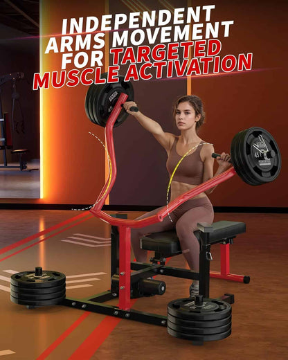 Woman exercising with a weight machine in a gym setting, with text about independent arms movement.