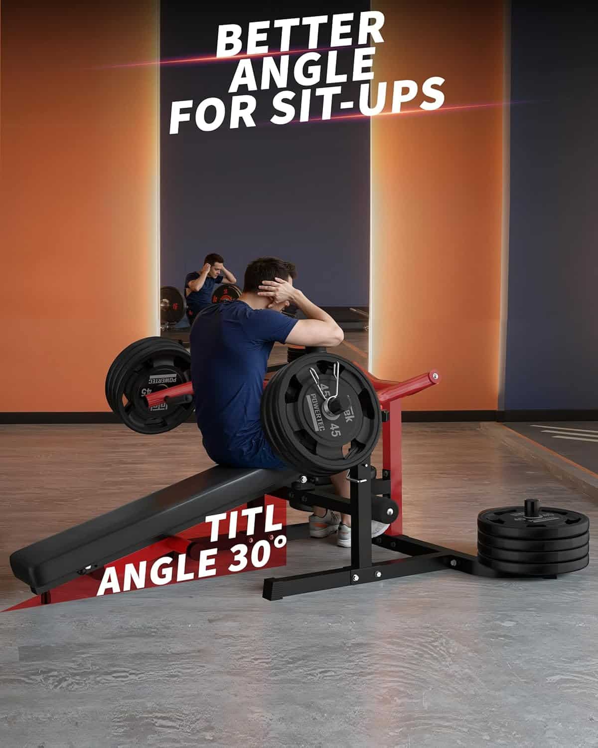 Person using a weight machine with text indicating a better angle for sit-ups.