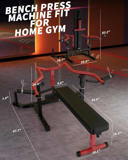 Bench press machine for home gym with dimensions displayed