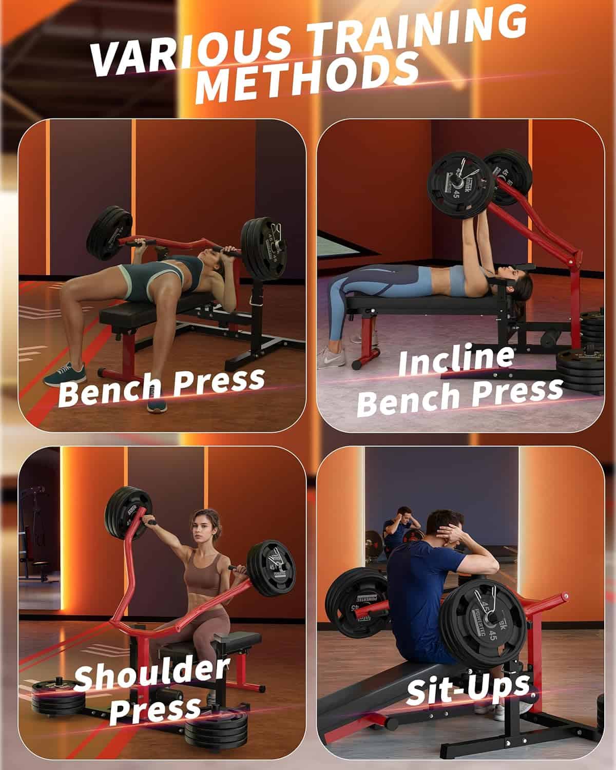 Gym equipment with text indicating various training methods including bench press, incline bench press, shoulder press, and sit-ups.