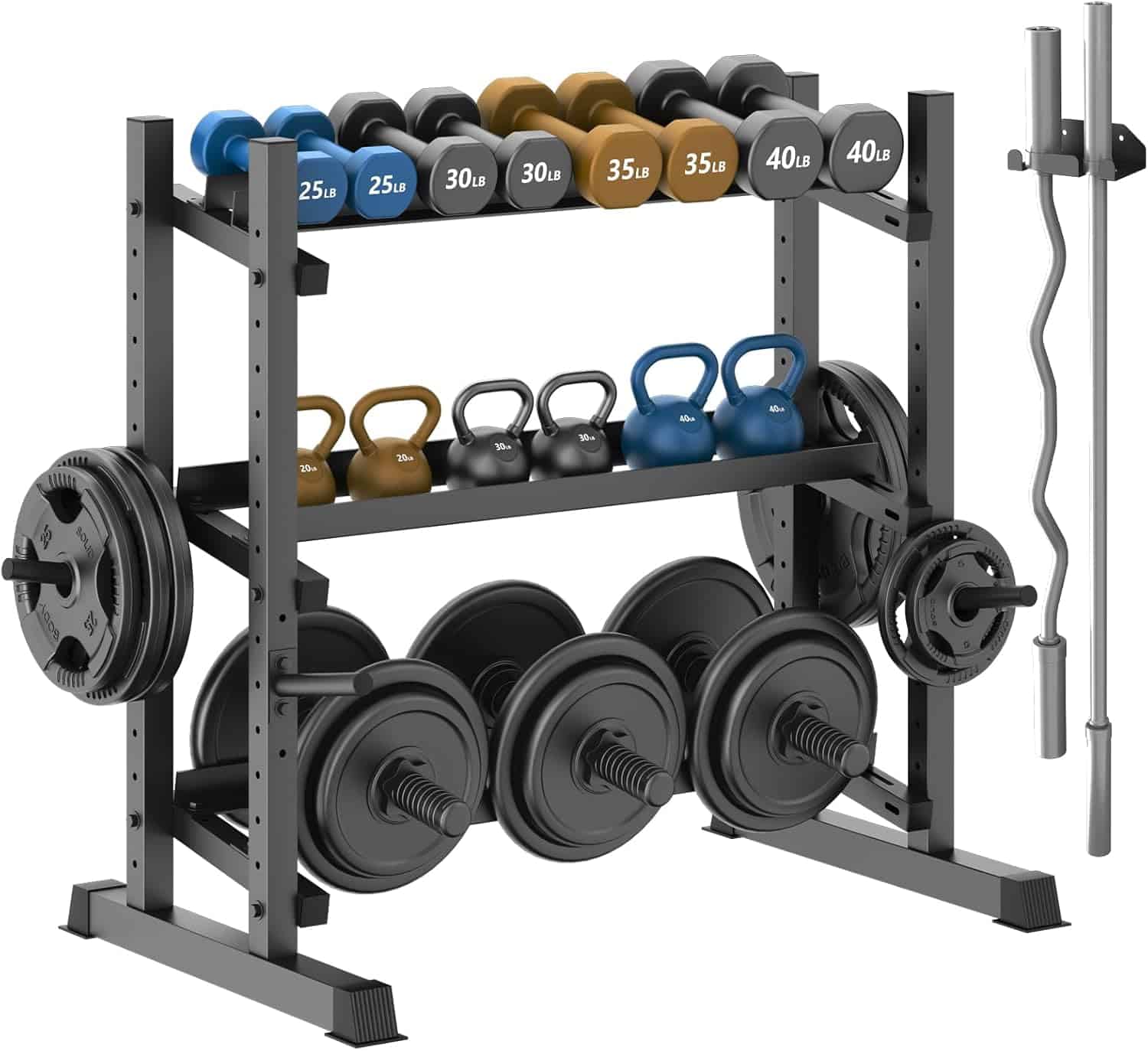 Multifunctional gym rack with weights including dumbbells, kettlebells, and barbell plates on a white background.