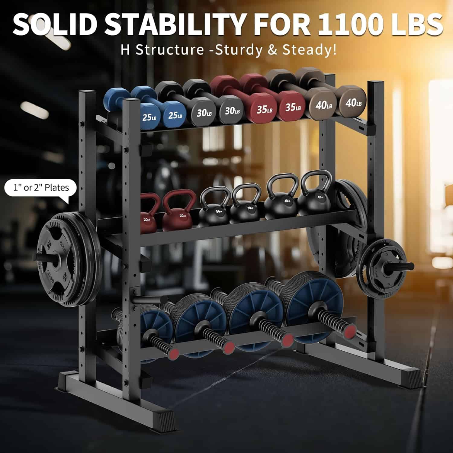 Weightlifting rack with weights and kettlebells in a gym setting, emphasizing stability and capacity.