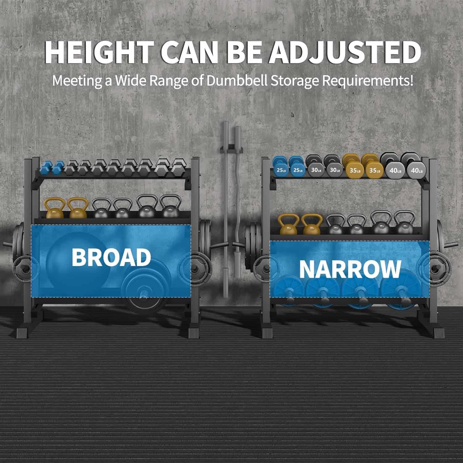 Two adjustable dumbbell racks labeled 'Broad' and 'Narrow' with weights on a concrete background.