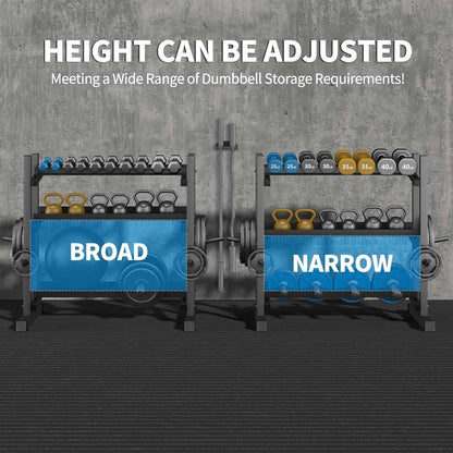 Two adjustable dumbbell racks labeled 'Broad' and 'Narrow' with weights on a concrete background.