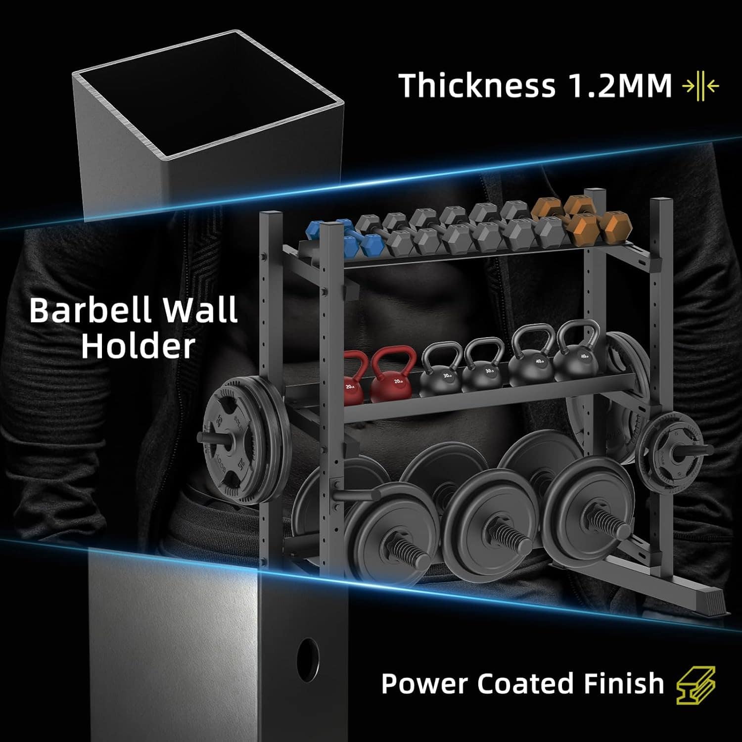 Barbell wall holder with weight plates and dumbbells, highlighting thickness and power-coated finish.