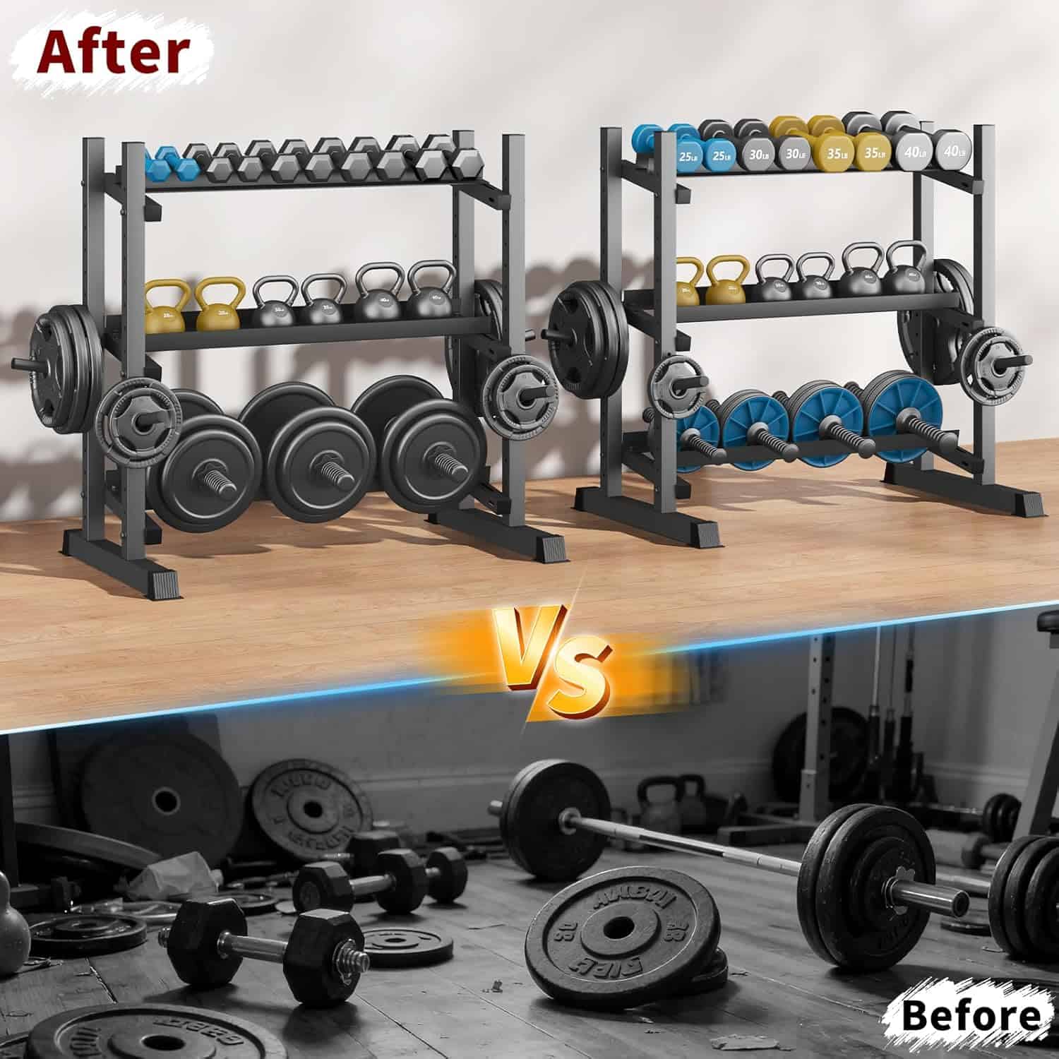 Before and after comparison of a gym weight rack setup with various weights.