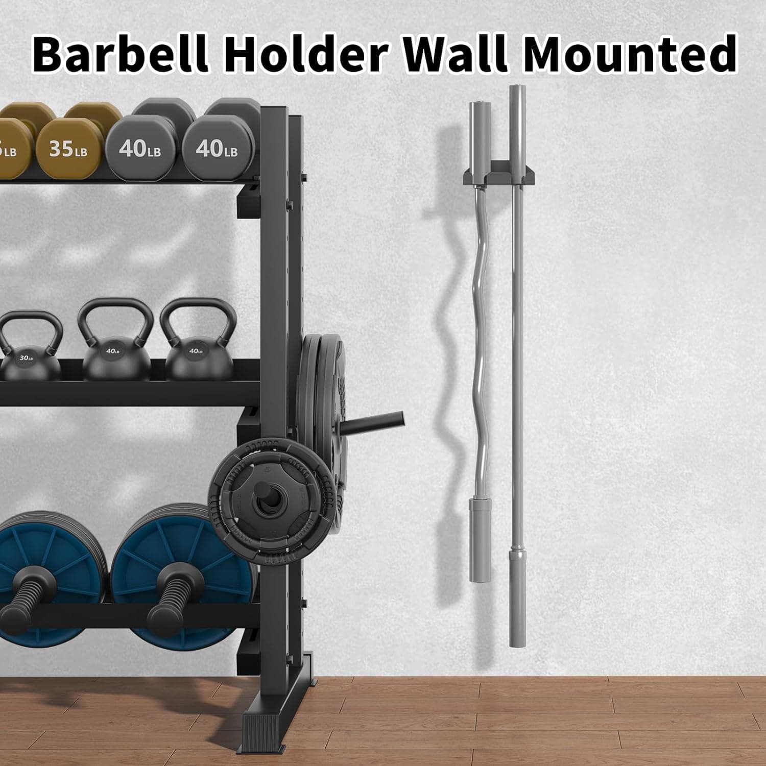 Barbell holder wall mounted with weightlifting equipment on a white wall.