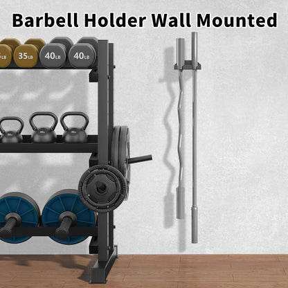 Barbell holder wall mounted with weightlifting equipment on a white wall.