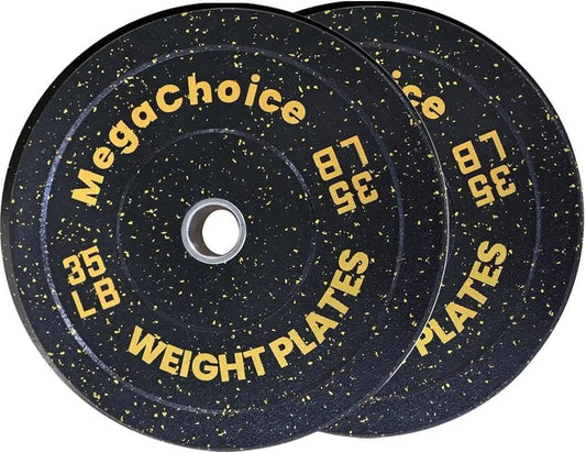 Two black weight plates with yellow text on a white background