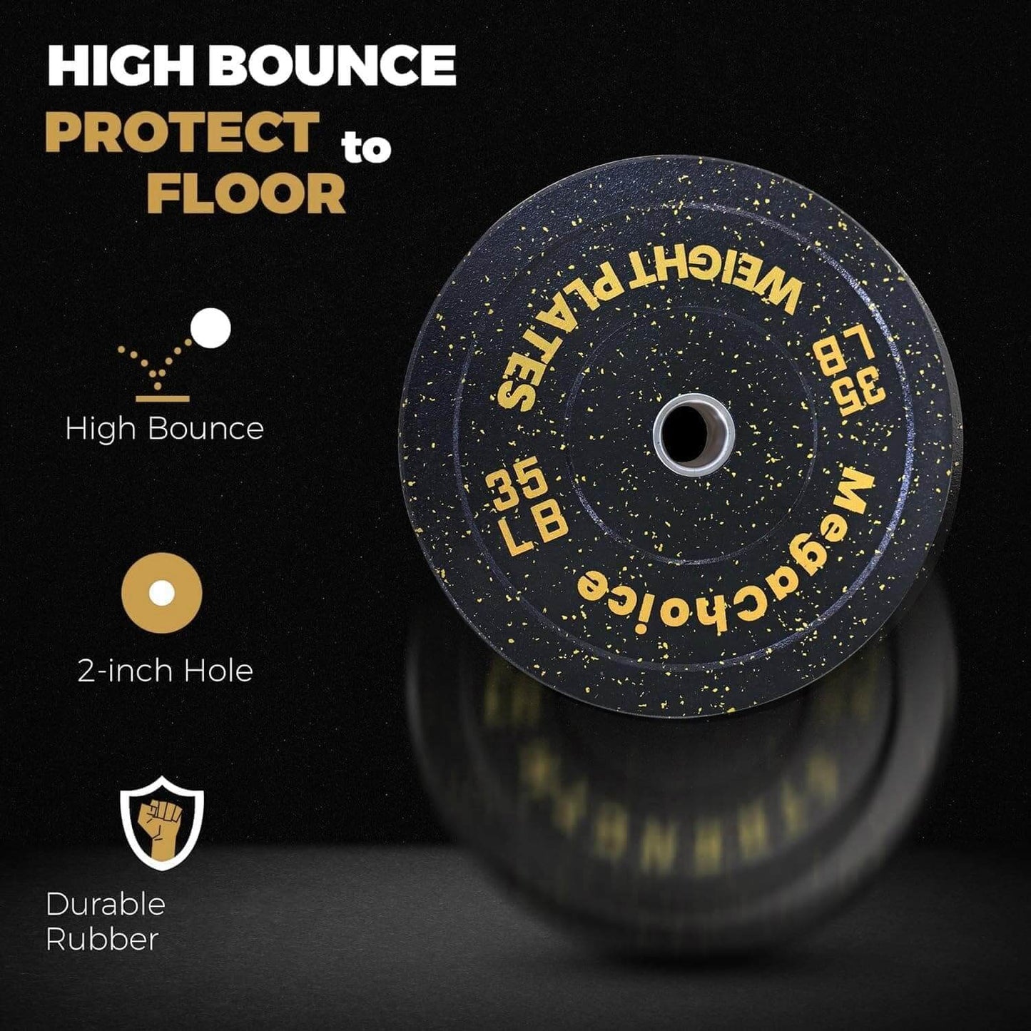 Black weight plate with yellow text on a black background, featuring text about high bounce, floor protection, and durable rubber.