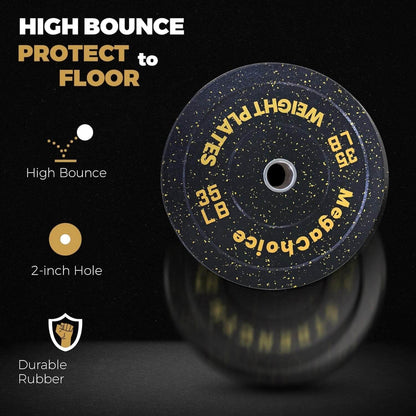 Black weight plate with yellow text on a black background, featuring text about high bounce, floor protection, and durable rubber.