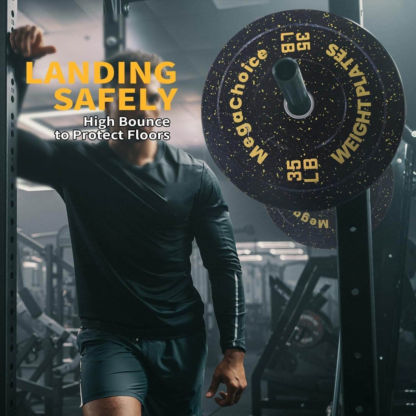 Person in a gym setting with a Megachoice weight plate and text about landing safely.