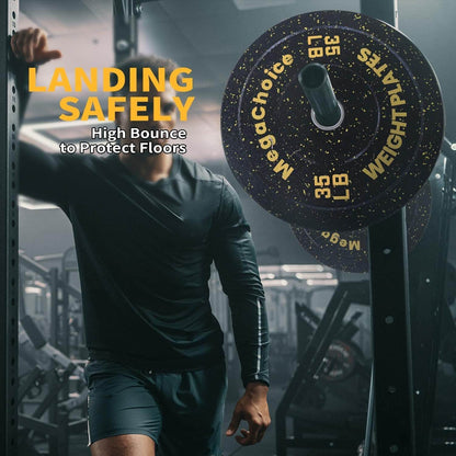 Person in a gym setting with a Megachoice weight plate and text about landing safely.