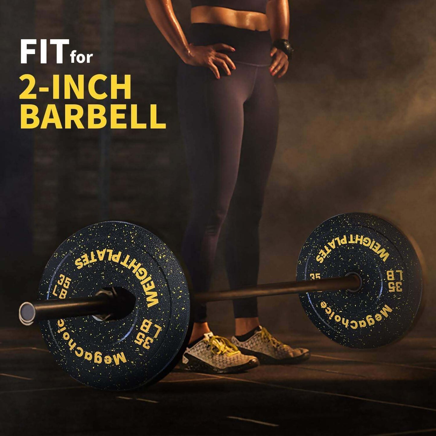 Person holding a barbell with weight plates, text 'FIT for 2-INCH BARBELL' above.