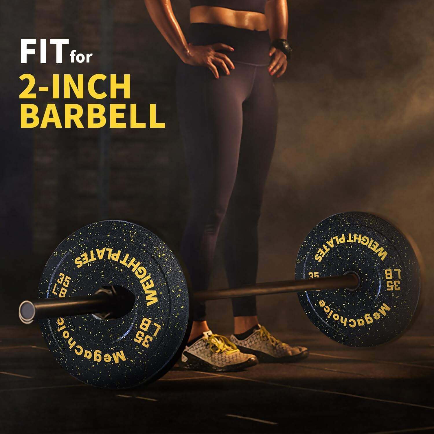 Person holding a barbell with weight plates, text 'FIT for 2-INCH BARBELL' above.
