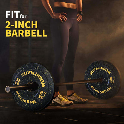 Person holding a barbell with weight plates, text 'FIT for 2-INCH BARBELL' above.