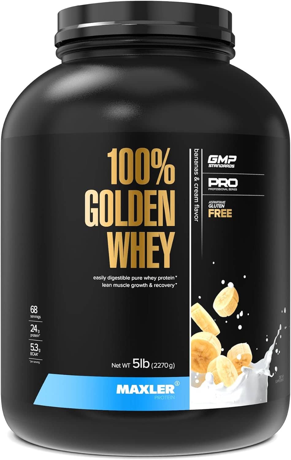 Black container of Maxler 100% Golden Whey protein powder with gold and white text.