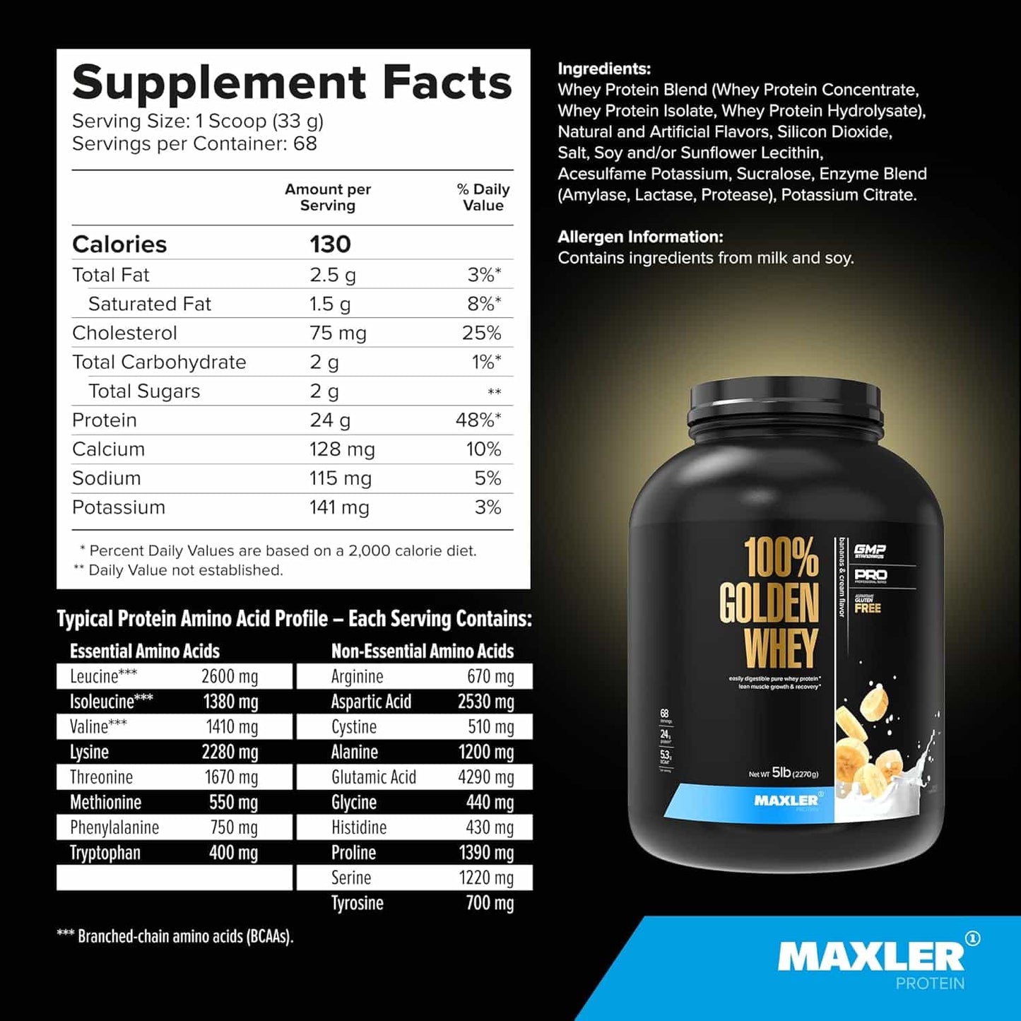 Maxler 100% Golden Whey protein supplement with nutritional facts on a black background