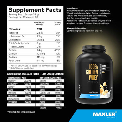 Maxler 100% Golden Whey protein supplement with nutritional facts on a black background