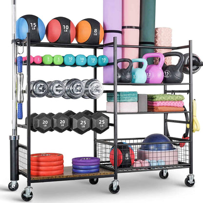 Multifunctional fitness cart with weights, exercise balls, and mats on a white background