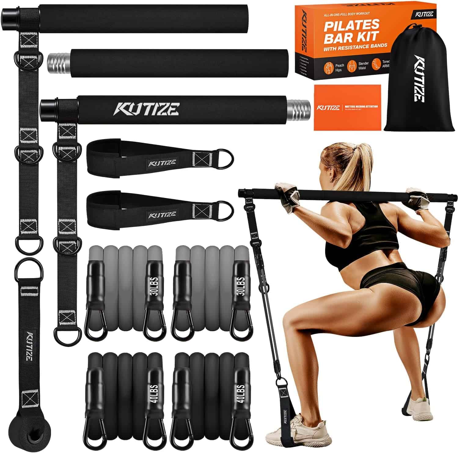 Pilates bar kit with resistance bands and a woman exercising, featuring Kutize branding.