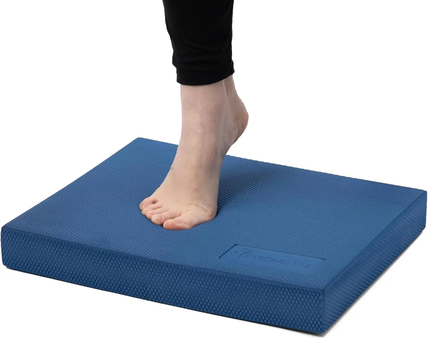 Blue footstool with a person stepping onto it on a white background