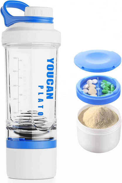 Youcan Plato supplement organizer with clear container, blue lid, and white base.