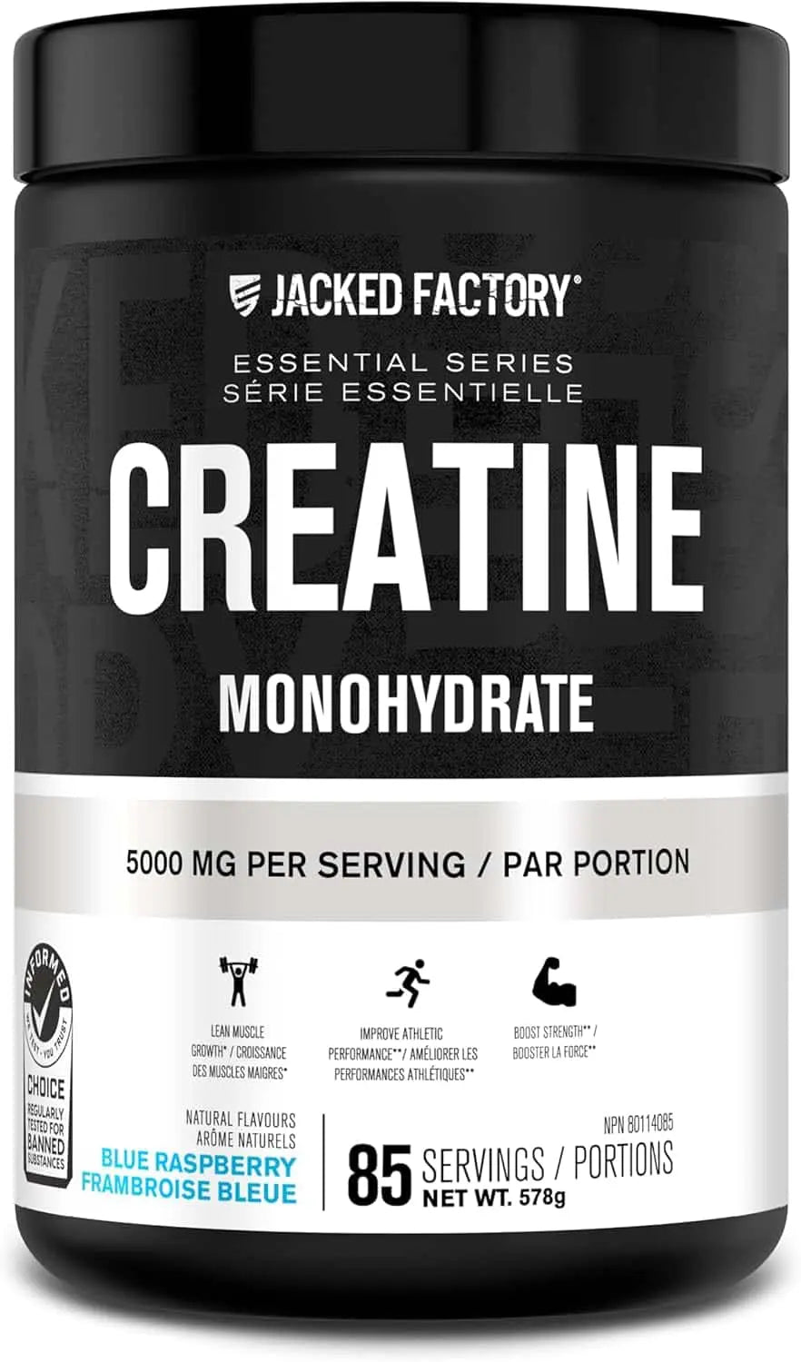 Jacked Factory Creatine Monohydrate supplement container with black and white label.