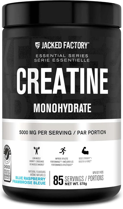 Jacked Factory Creatine Monohydrate supplement container with black and white label.