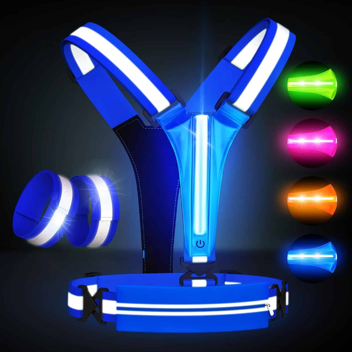 LED Reflective Running Vest Set – USB Rechargeable Light-Up Vest with Phone Holder, High Visibility Armbands, Adjustable Fit for Night Running, Walking, Cycling (Unisex) Fokia Kunbio