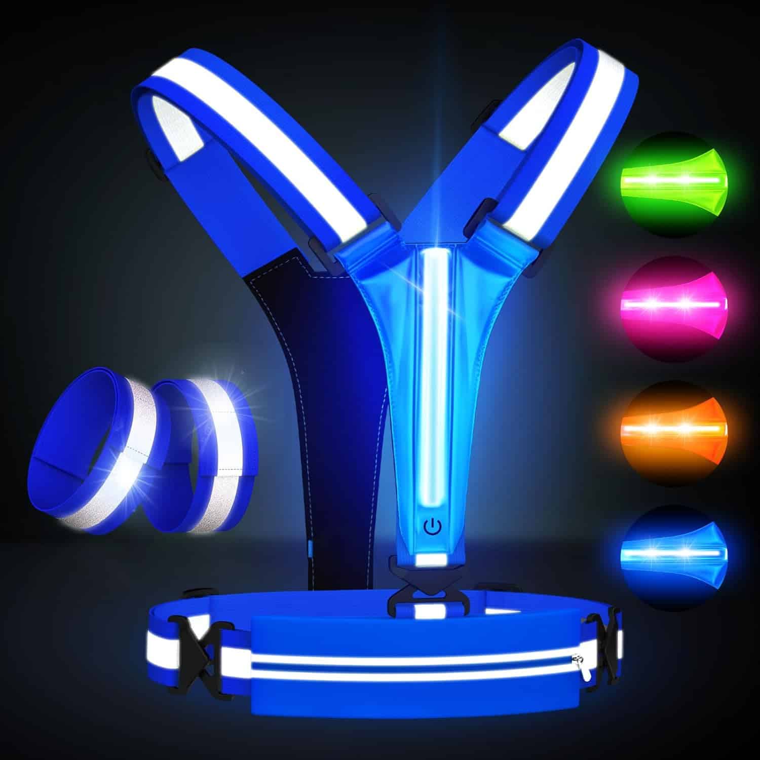 LED Reflective Running Vest Set – USB Rechargeable Light-Up Vest with Phone Holder, High Visibility Armbands, Adjustable Fit for Night Running, Walking, Cycling (Unisex) Fokia Kunbio