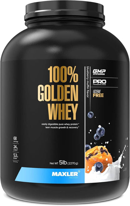Maxler 100% Golden Whey protein powder container on a white background