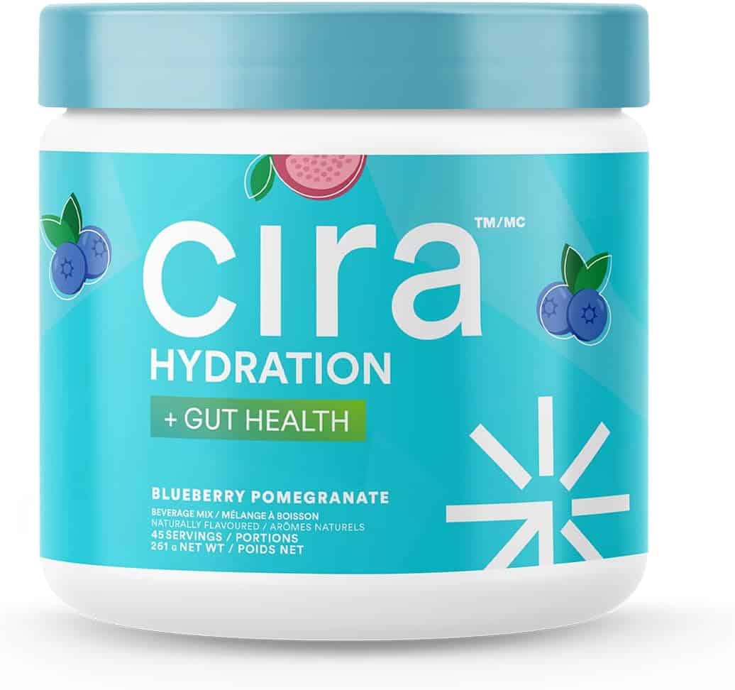 Cira Hydration + Gut Health supplement container with blue and white design