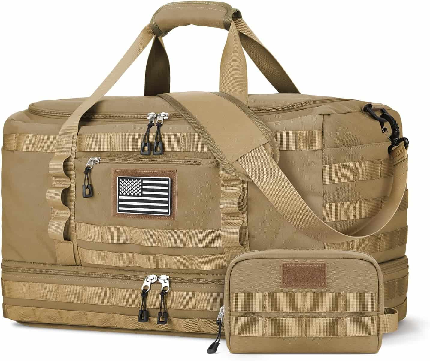 Tan tactical duffel bag with American flag patch on a white background