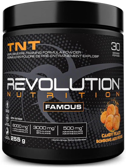 Supplement container labeled 'TNT Revolution Nutrition Famous' with candy peach flavor on a black background.