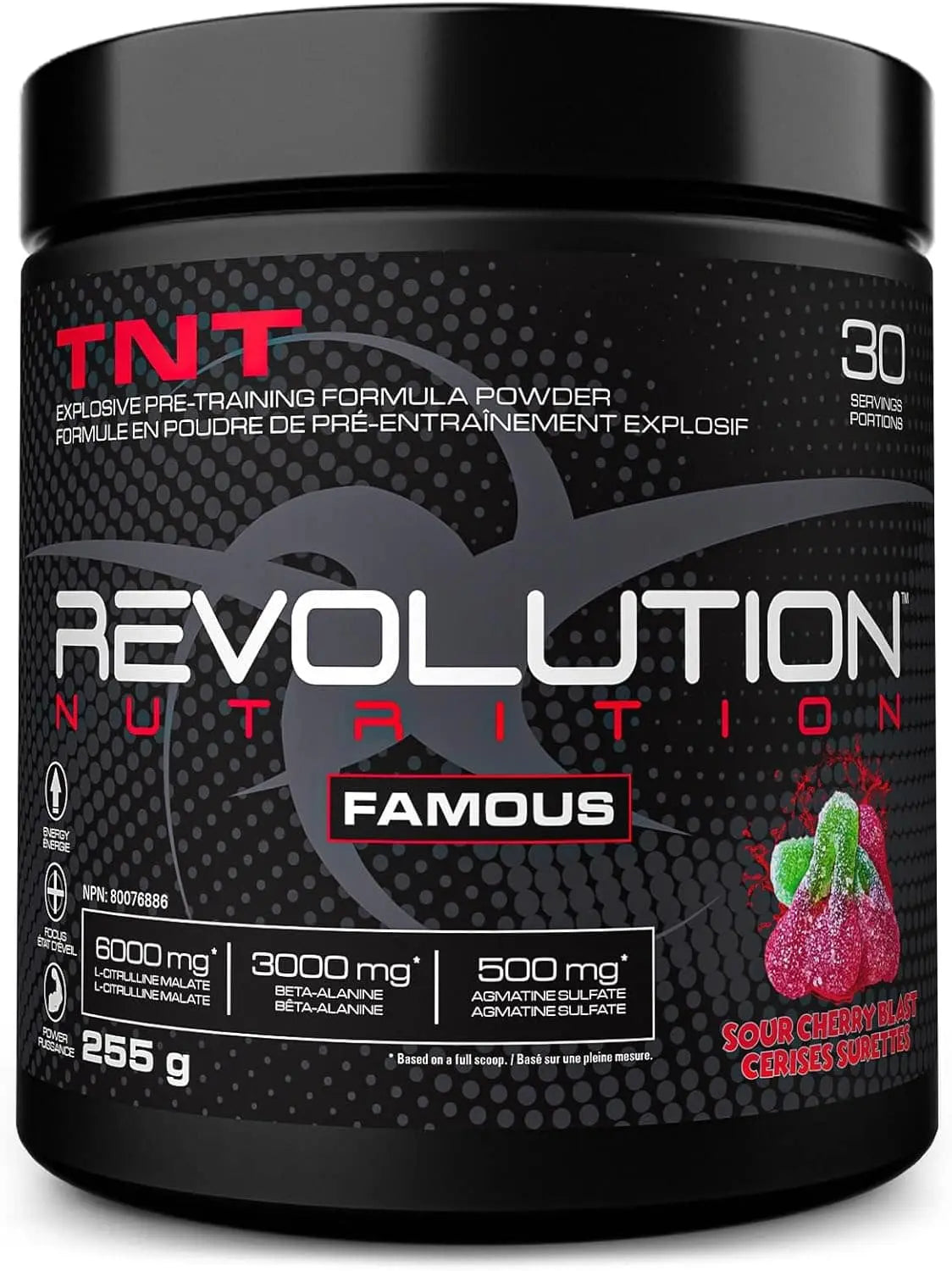 Black container of Revolution Nutrition supplement with TNT branding