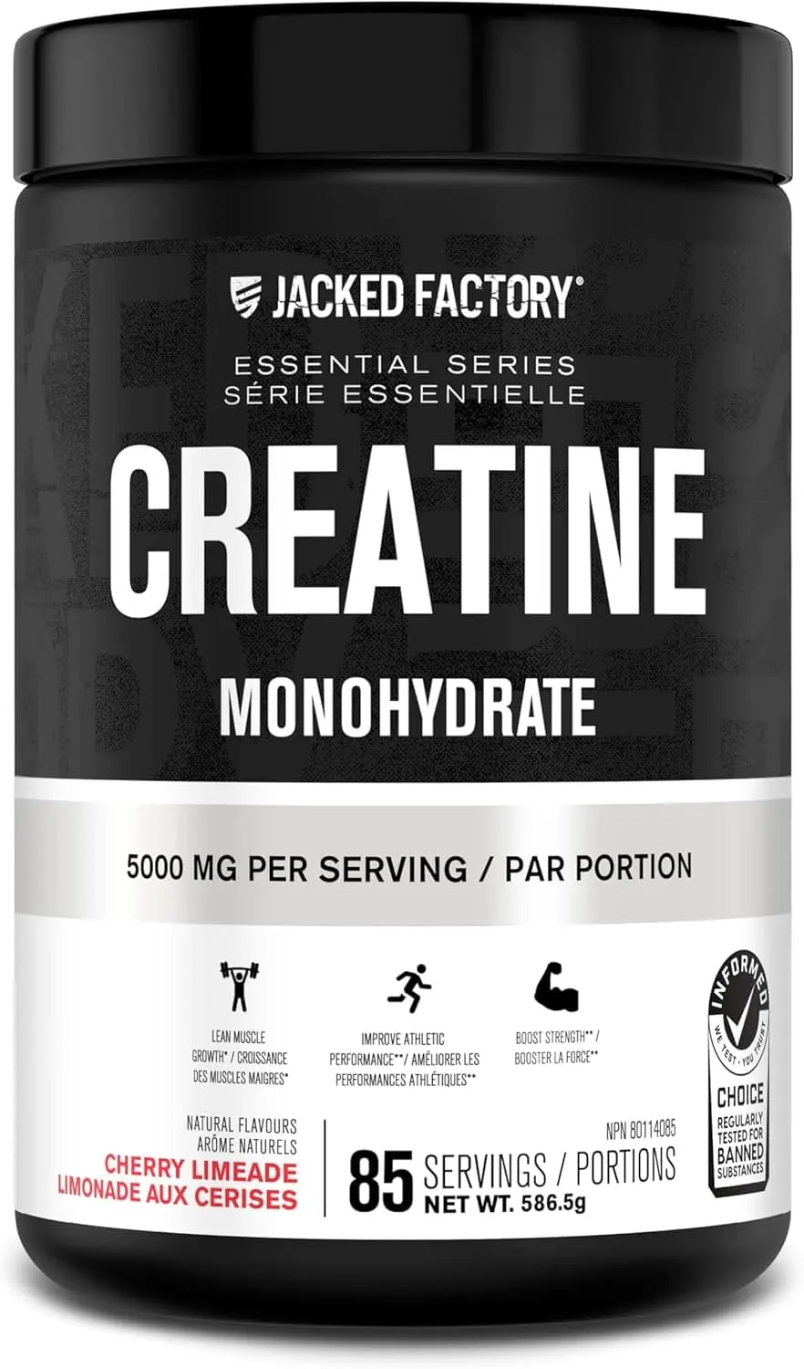 Jacked Factory Creatine Monohydrate supplement container with black and white label.