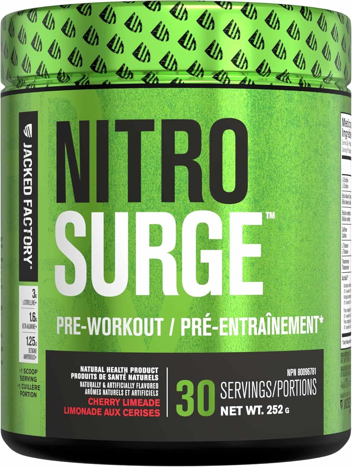 Green container of Nitro Surge pre-workout supplement with black text