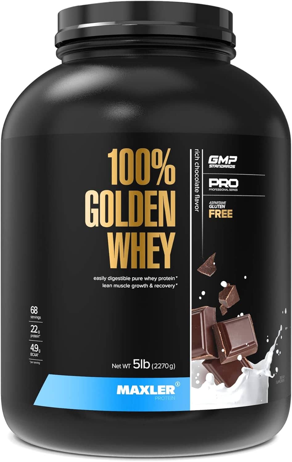Maxler 100% Golden Whey protein powder container with chocolate pieces and milk splash on a black background